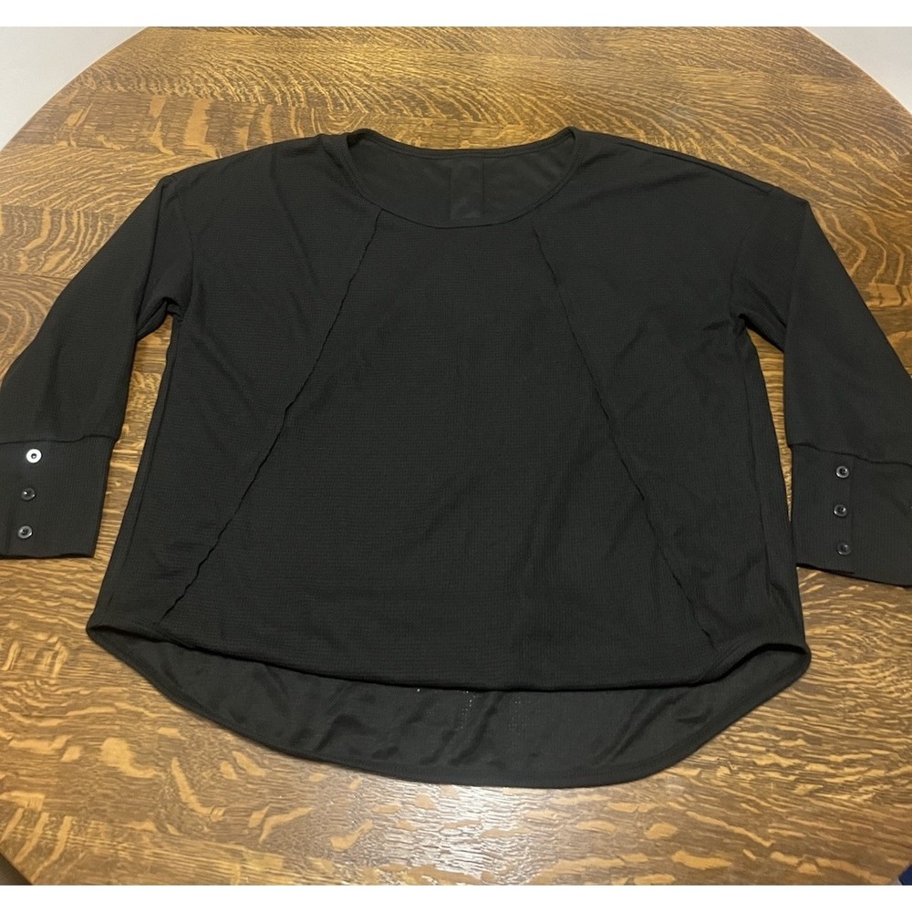 NWT Halara Womens L Black Waffle Long‎ Sleeve Scoop Neck Curved Hem Top